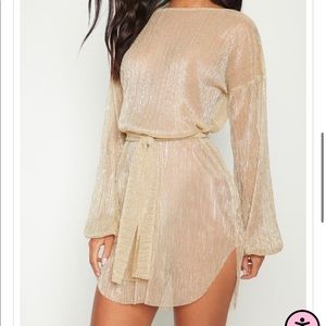 PLT Gold Balloon Sleeve Sheer Shift Dress